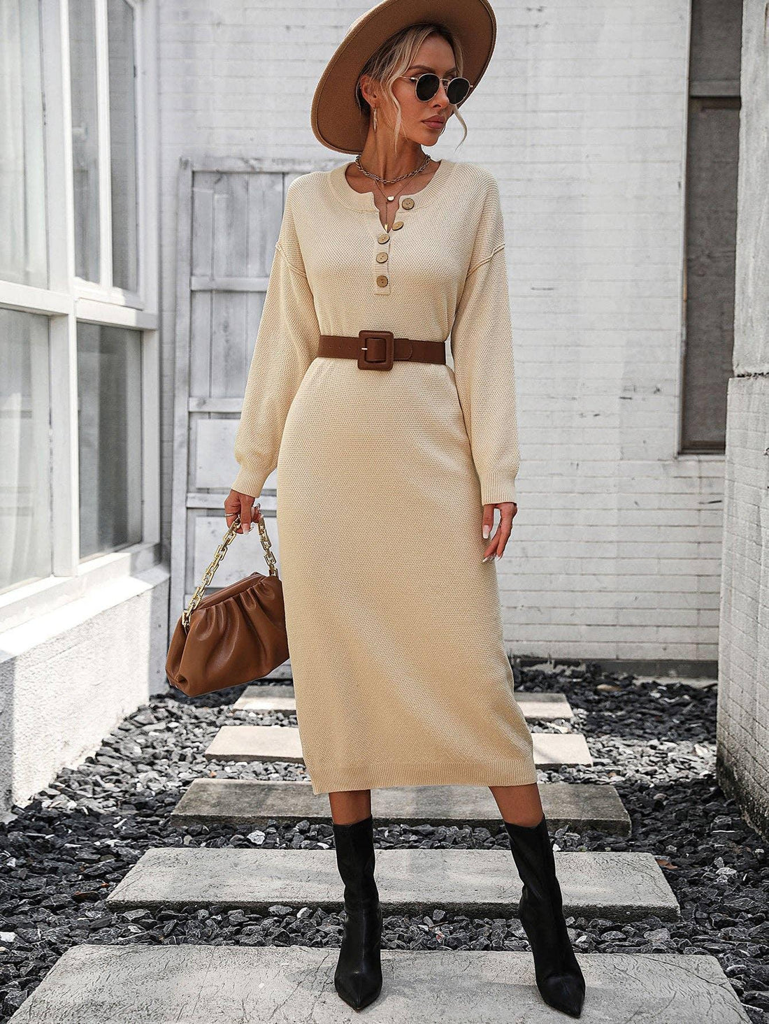 Ladies Button Long Sleeves Daily Knit Dress E2319 - SWEETKAMA