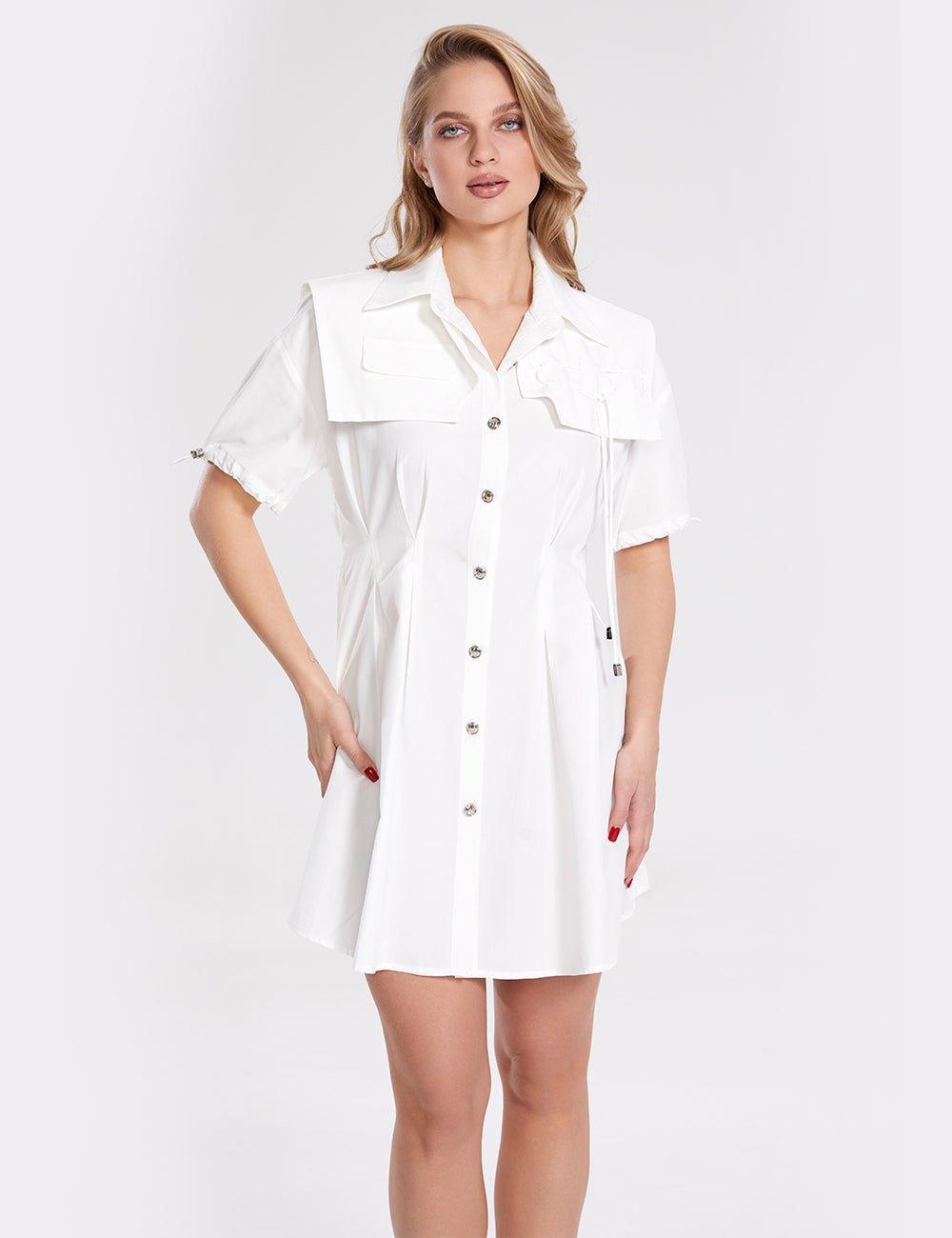 Ladies Chic Button Open White Mini Dress SKD348 - SWEETKAMA