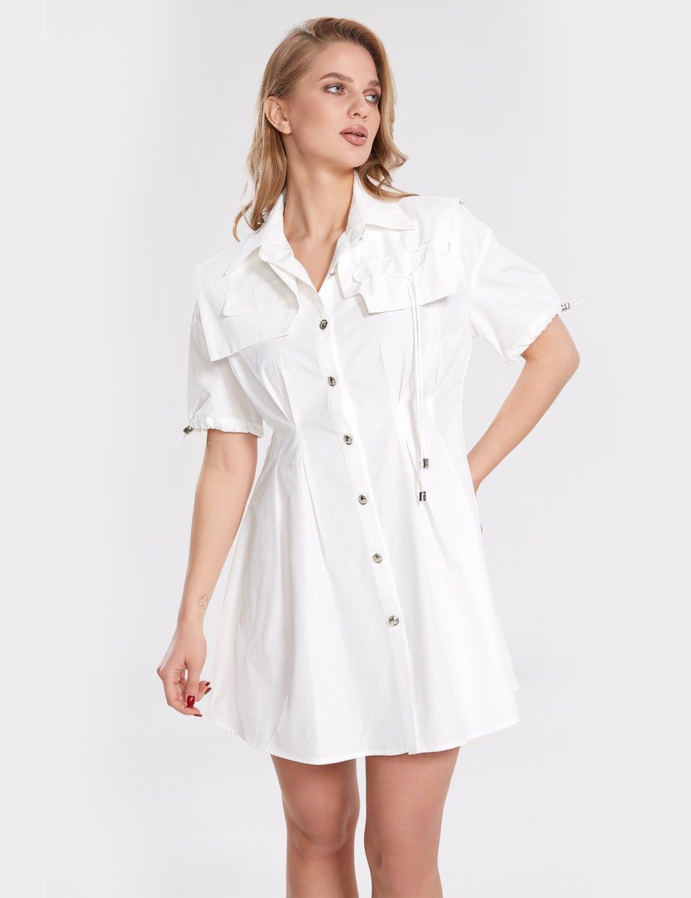 Ladies Chic Button Open White Mini Dress SKD348 - SWEETKAMA