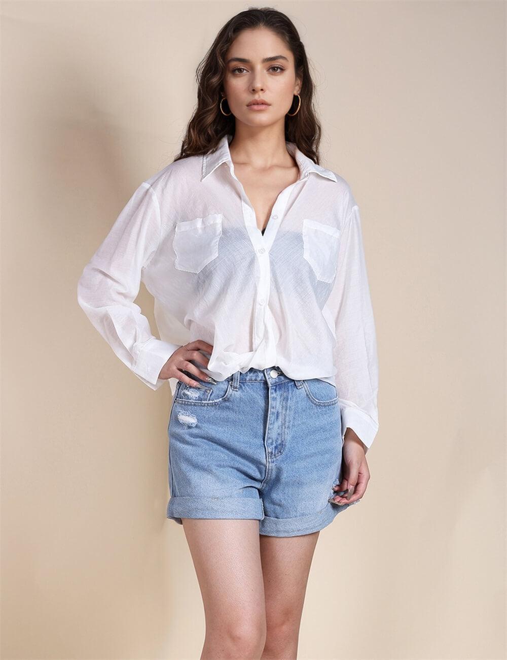 Ladies Chic Sheer Button Down Shirt SKT491 - SWEETKAMA