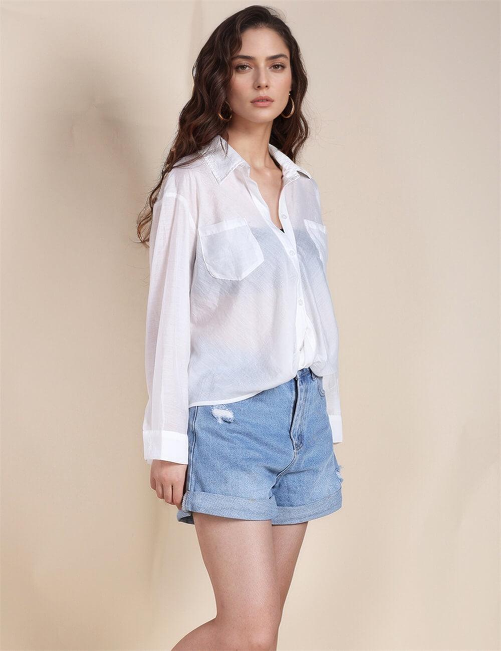 Ladies Chic Sheer Button Down Shirt SKT491 - SWEETKAMA