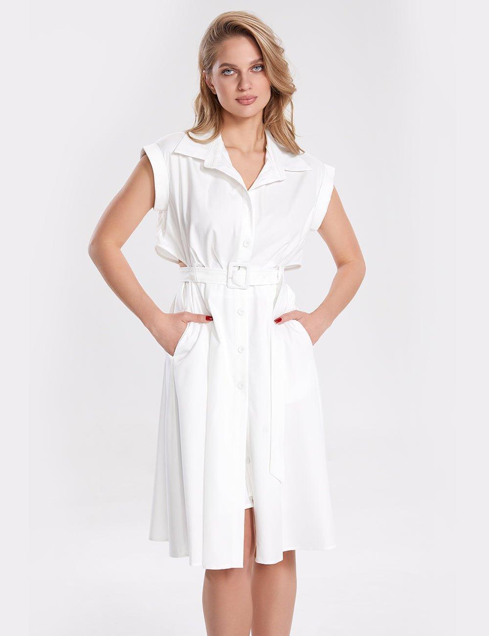 Ladies Chic Waist Cut Out White Mini Dress with Belt SKD347 - SWEETKAMA