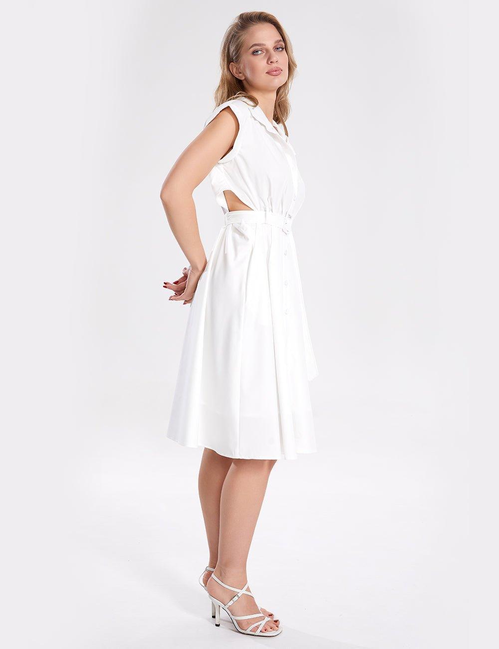 Ladies Chic Waist Cut Out White Mini Dress with Belt SKD347 - SWEETKAMA