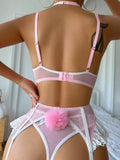 Ladies Color Block Lingerie Set with Garter Belt 3099 - SWEETKAMA