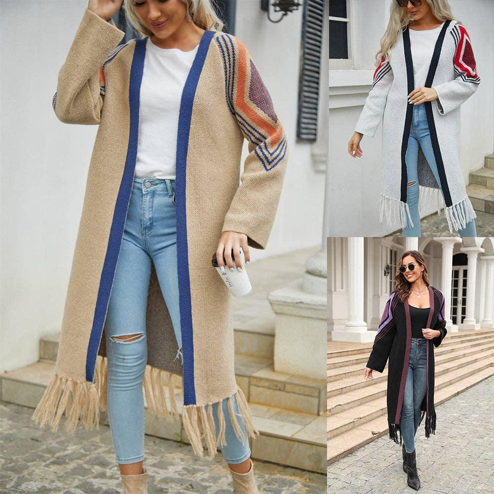 Ladies Color Block Long Sleeves Tassel Cardigan T9211 - SWEETKAMA