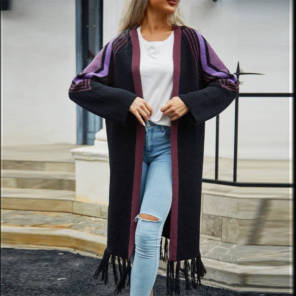 Ladies Color Block Long Sleeves Tassel Cardigan T9211 - SWEETKAMA