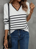 Ladies Color Block Long Sleeves V-Neck Knit Top T9108 - SWEETKAMA