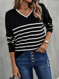 Ladies Color Block Long Sleeves V-Neck Knit Top T9108 - SWEETKAMA