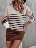 Ladies Color Block Long Sleeves V-Neck Knit Top T9108 - SWEETKAMA