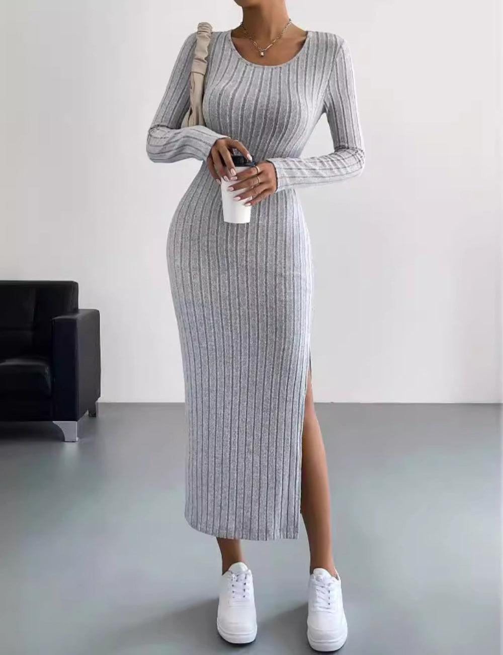 Ladies Crew Neck Ribbed Knit Midi Dress G1028 - SWEETKAMA