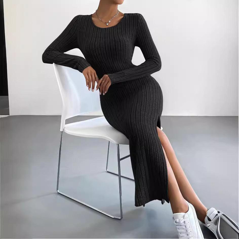 Ladies Crew Neck Ribbed Knit Midi Dress G1028 - SWEETKAMA