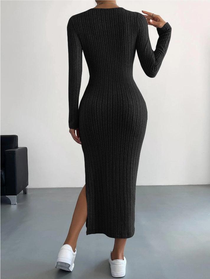 Ladies Crew Neck Ribbed Knit Midi Dress G1028 - SWEETKAMA