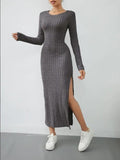 Ladies Crew Neck Ribbed Knit Midi Dress G1028 - SWEETKAMA