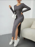 Ladies Crew Neck Ribbed Knit Midi Dress G1028 - SWEETKAMA