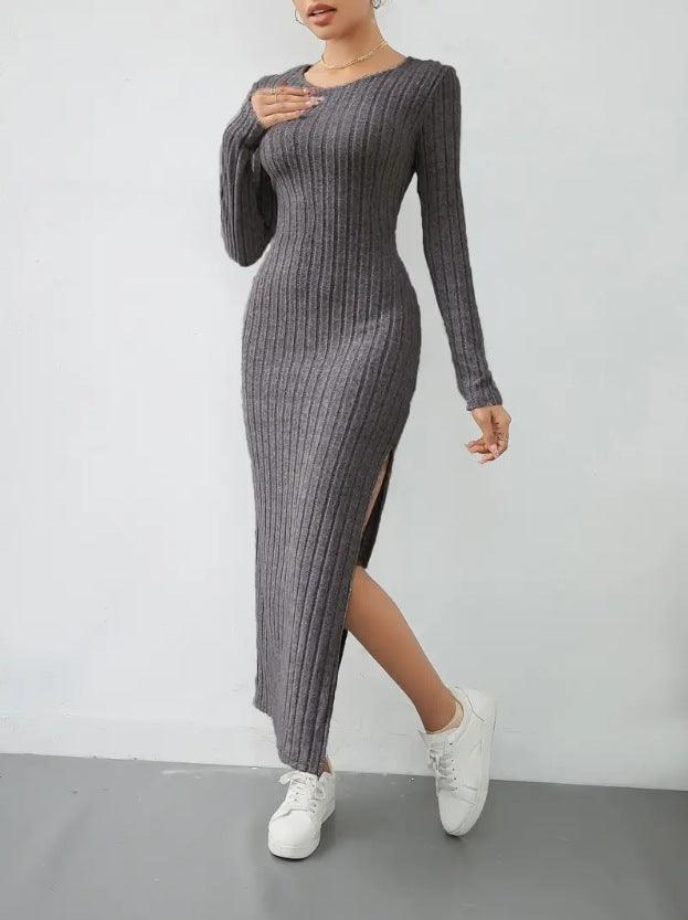 Ladies Crew Neck Ribbed Knit Midi Dress G1028 - SWEETKAMA