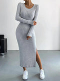 Ladies Crew Neck Ribbed Knit Midi Dress G1028 - SWEETKAMA