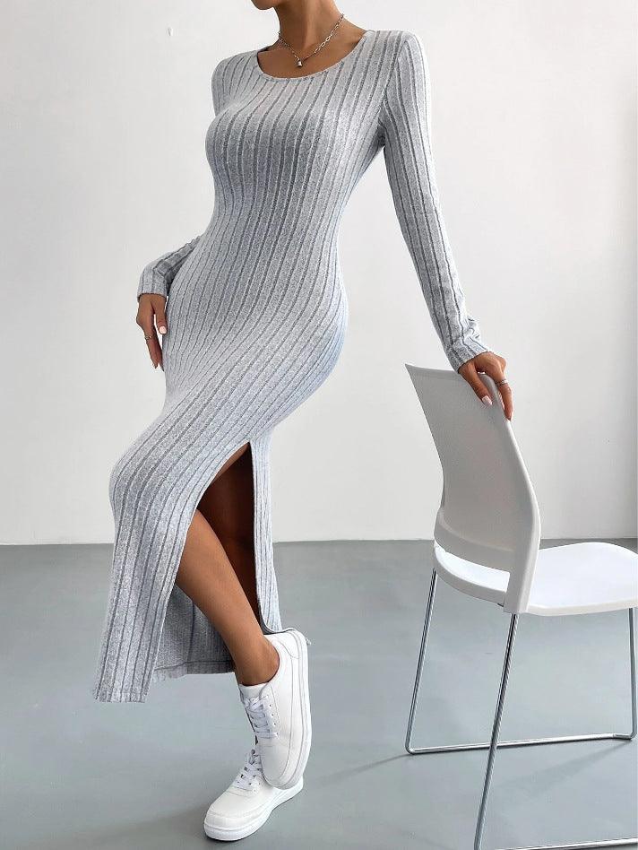 Ladies Crew Neck Ribbed Knit Midi Dress G1028 - SWEETKAMA