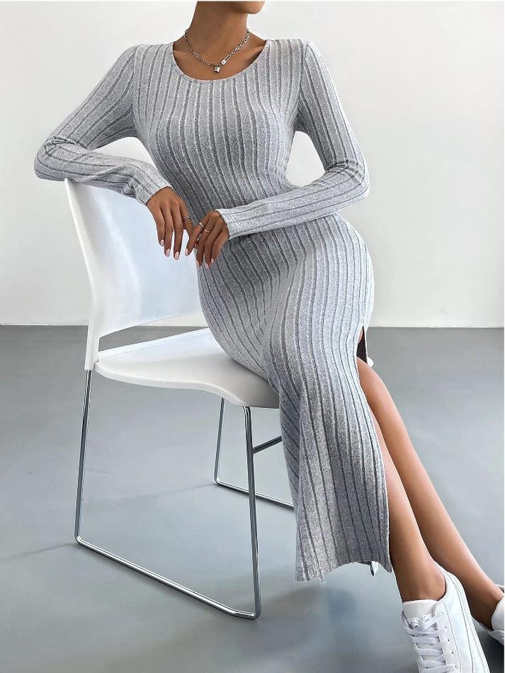 Ladies Crew Neck Ribbed Knit Midi Dress G1028 - SWEETKAMA