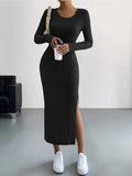 Ladies Crew Neck Ribbed Knit Midi Dress G1028 - SWEETKAMA