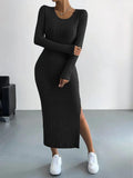 Ladies Crew Neck Ribbed Knit Midi Dress G1028 - SWEETKAMA