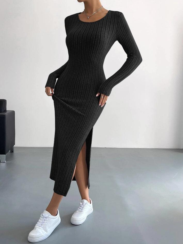 Ladies Crew Neck Ribbed Knit Midi Dress G1028 - SWEETKAMA