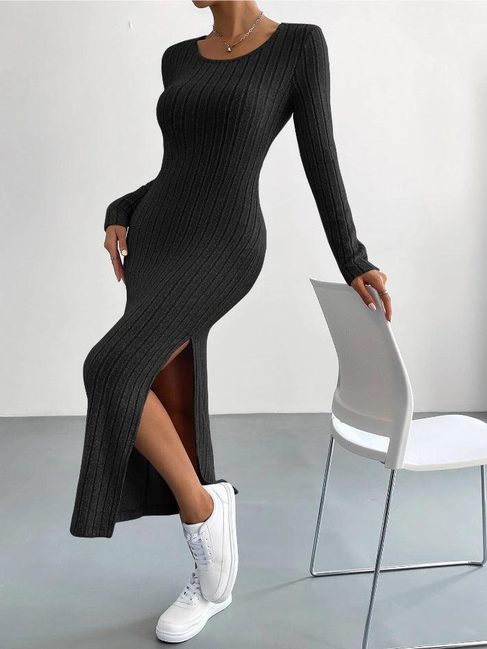 Ladies Crew Neck Ribbed Knit Midi Dress G1028 - SWEETKAMA