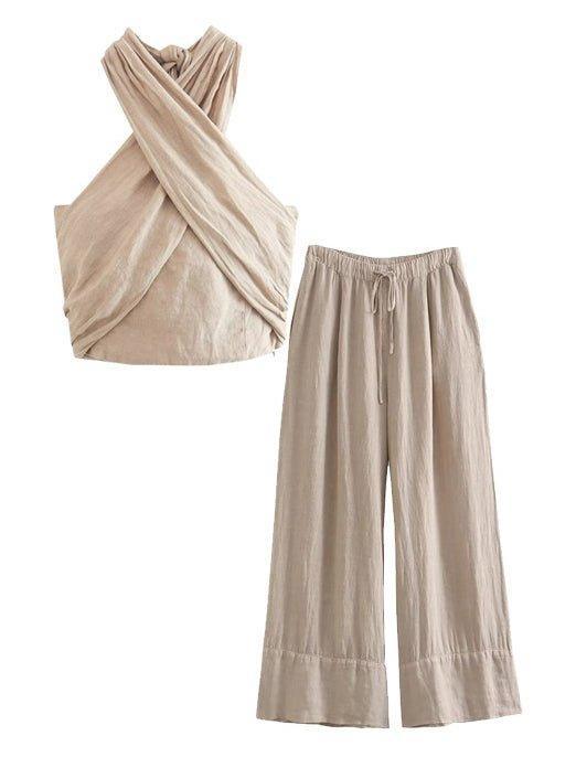 Ladies Criss Cross Tie Halter Top And Pants Set 9711 - SWEETKAMA