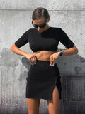 Ladies Crop Top Split Mini Skirt 2PCS Set FQS1845 - SWEETKAMA