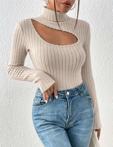 Ladies Cut Out Front Turtleneck Knit Tee G1090 - SWEETKAMA