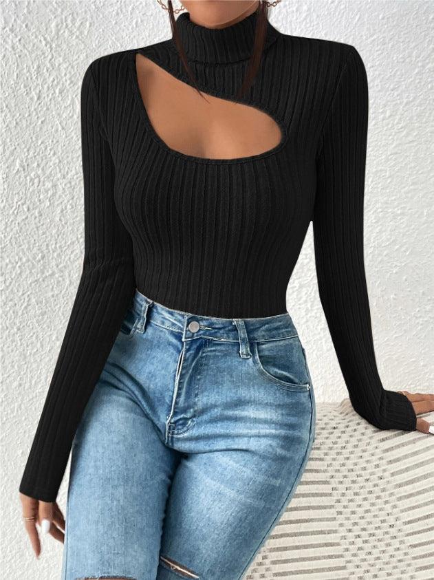 Ladies Cut Out Front Turtleneck Knit Tee G1090 - SWEETKAMA