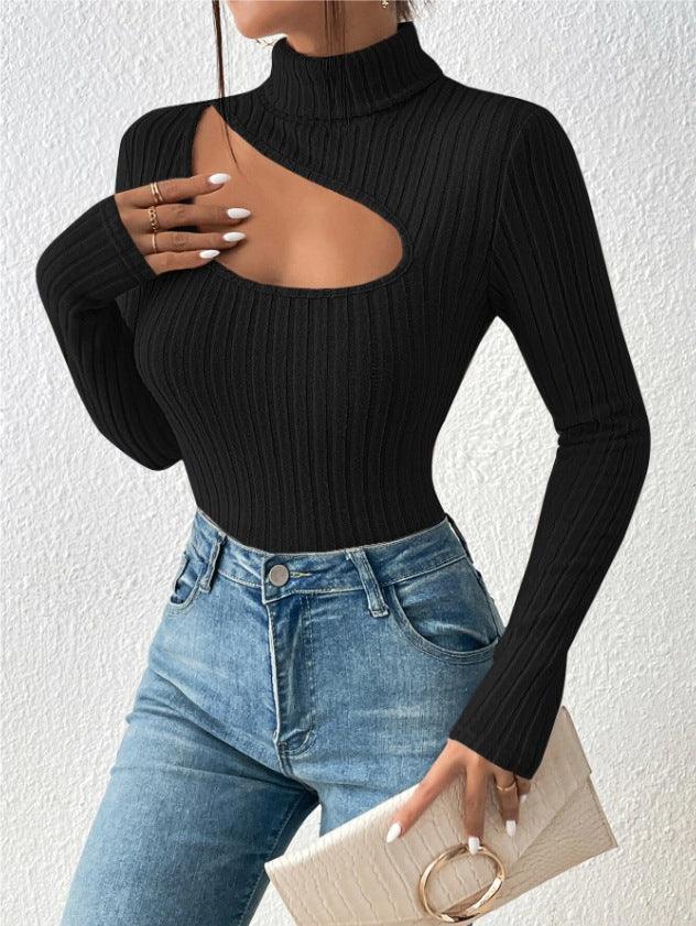 Ladies Cut Out Front Turtleneck Knit Tee G1090 - SWEETKAMA