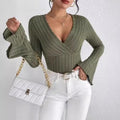 Ladies Deep V Neck Bell Sleeves Knit Tee 6022# - SWEETKAMA