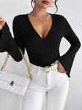 Ladies Deep V Neck Bell Sleeves Knit Tee 6022# - SWEETKAMA