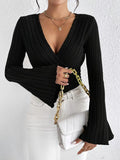 Ladies Deep V Neck Bell Sleeves Knit Tee 6022# - SWEETKAMA