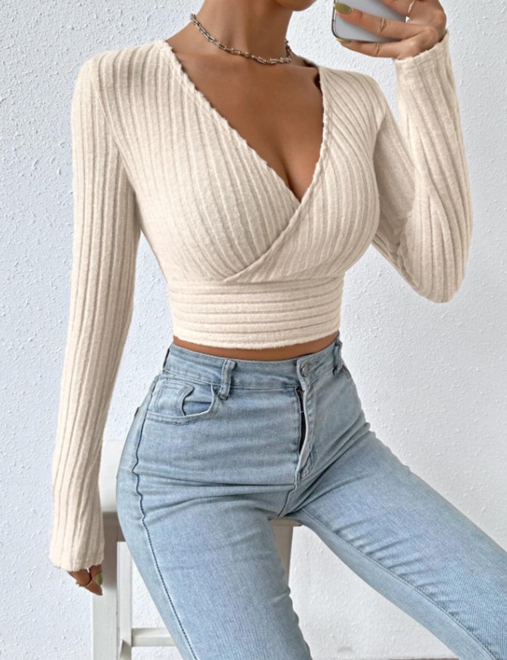 Ladies Deep V Neck Long Sleeves Knit Tee G1087 - SWEETKAMA