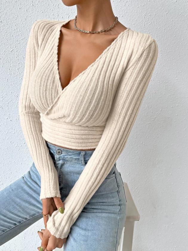 Ladies Deep V Neck Long Sleeves Knit Tee G1087 - SWEETKAMA