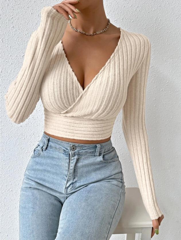 Ladies Deep V Neck Long Sleeves Knit Tee G1087 - SWEETKAMA