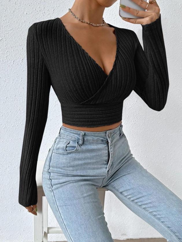 Ladies Deep V Neck Long Sleeves Knit Tee G1087 - SWEETKAMA