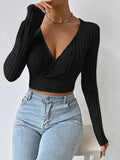 Ladies Deep V Neck Long Sleeves Knit Tee G1087 - SWEETKAMA