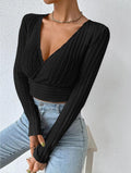 Ladies Deep V Neck Long Sleeves Knit Tee G1087 - SWEETKAMA