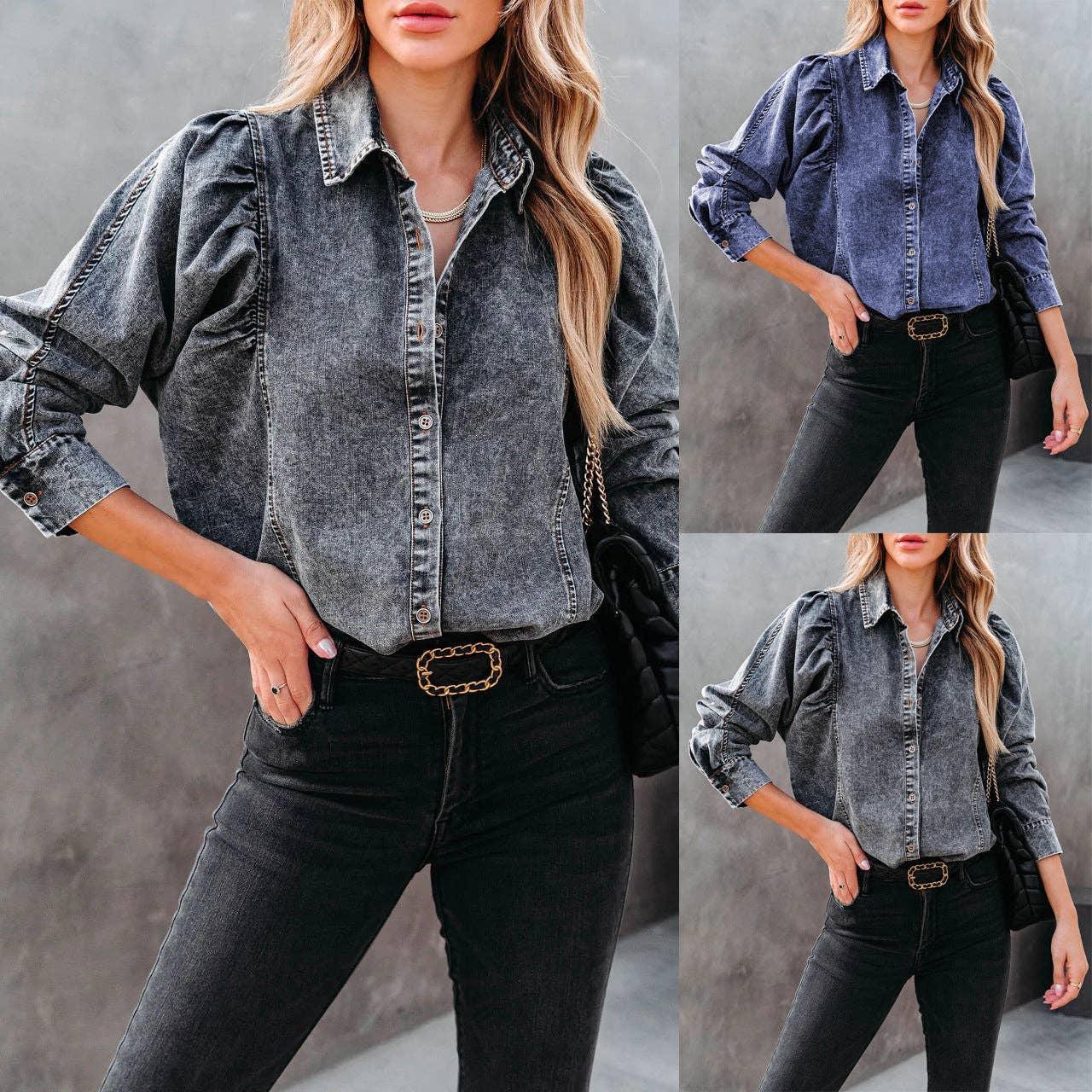 Ladies Denim Pockets Lapel Puff Sleeves Shirt 657 - SWEETKAMA