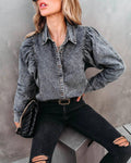 Ladies Denim Pockets Lapel Puff Sleeves Shirt 657 - SWEETKAMA