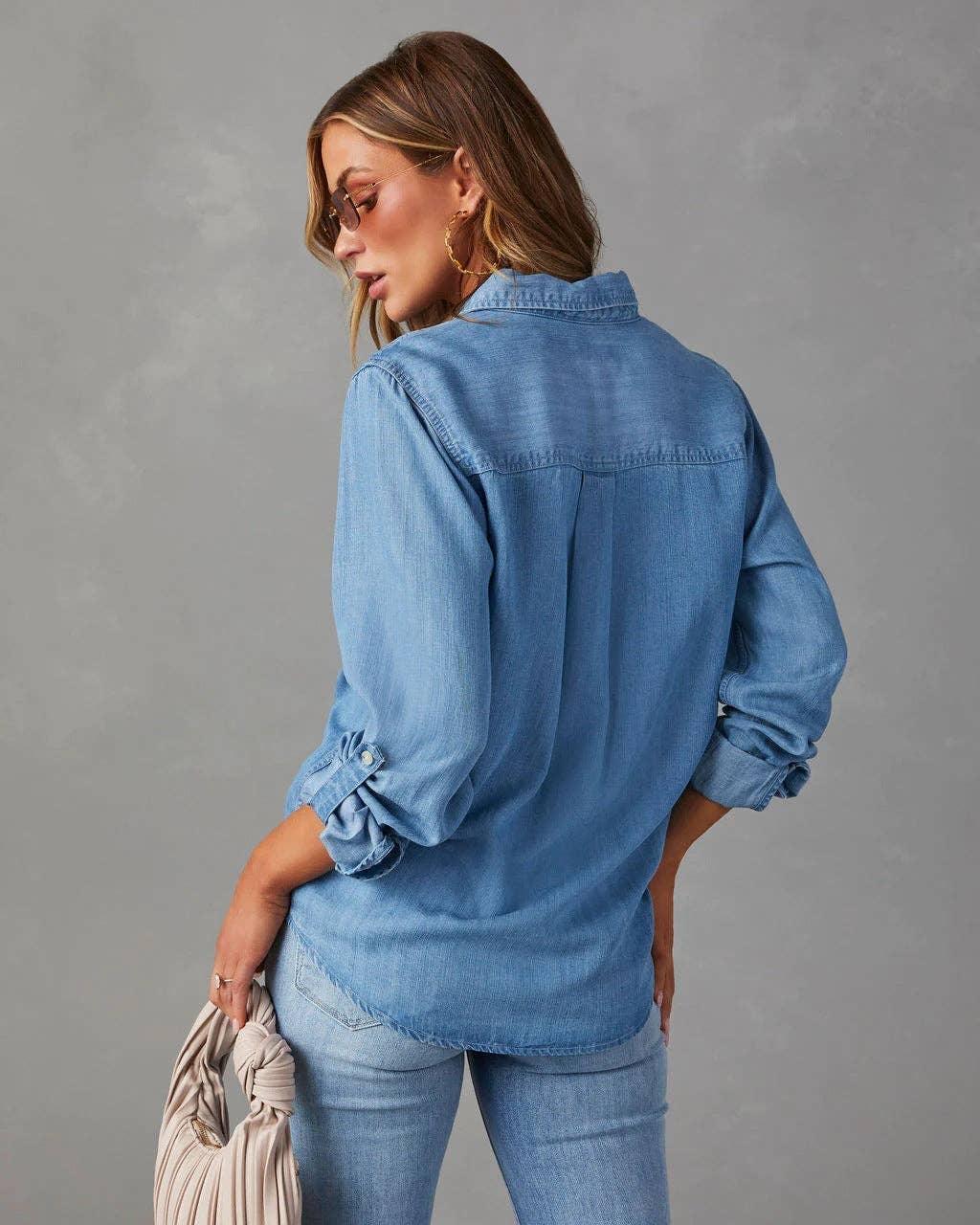 Ladies Denim Pockets Long Sleeves Shirt 32130 - SWEETKAMA