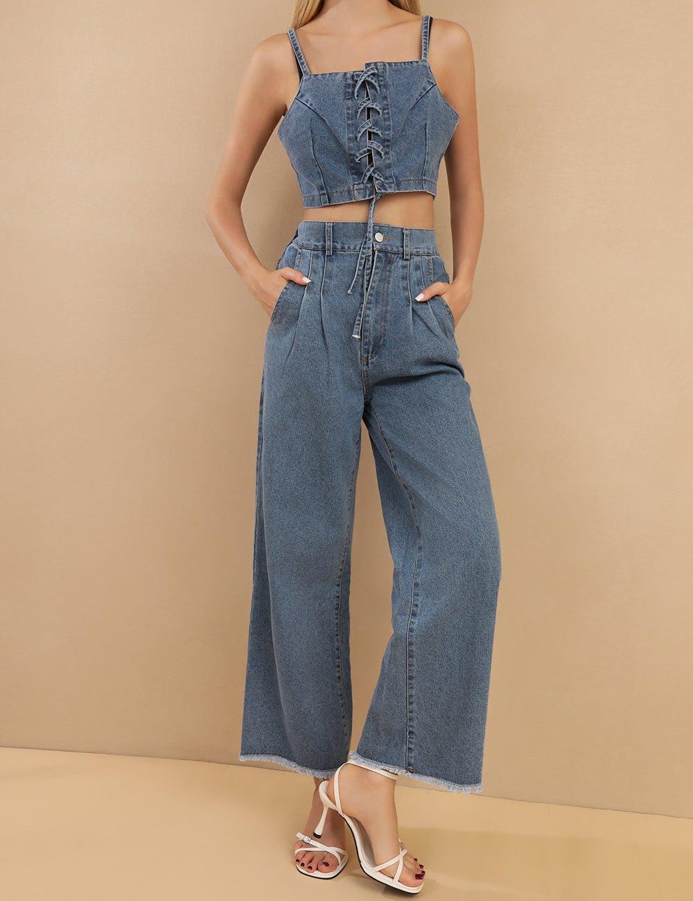 Ladies Denim Tank Top and Wide Leg Pants 2PCS Set SKST395 - SWEETKAMA