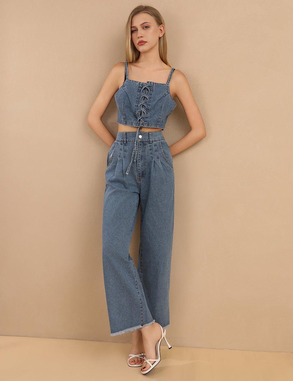 Ladies Denim Tank Top and Wide Leg Pants 2PCS Set SKST395 - SWEETKAMA