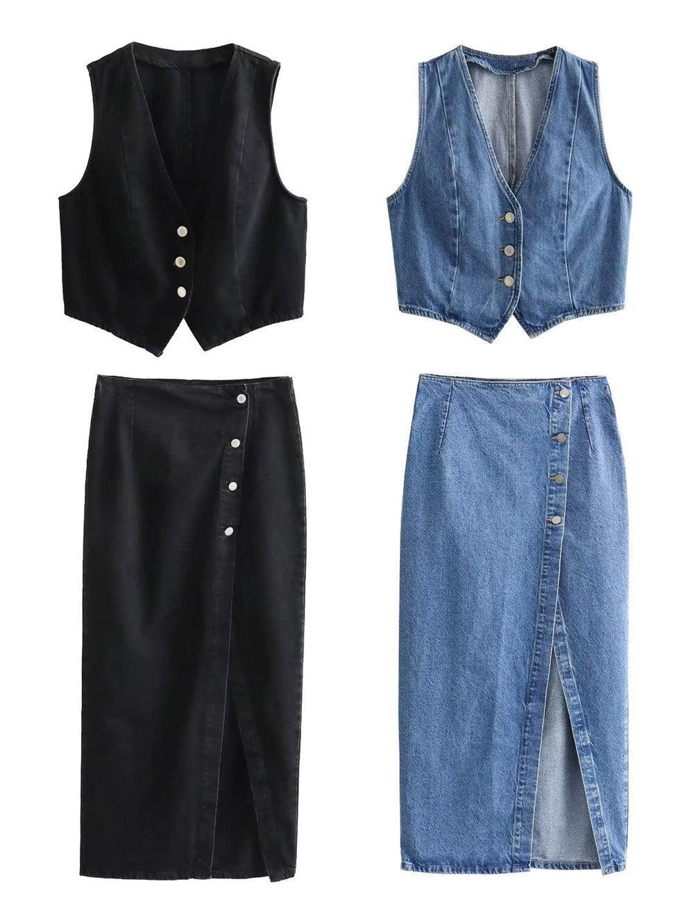 Ladies Denim Vest And Split Hem Skirt Set 4219 - SWEETKAMA