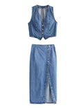 Ladies Denim Vest And Split Hem Skirt Set 4219 - SWEETKAMA