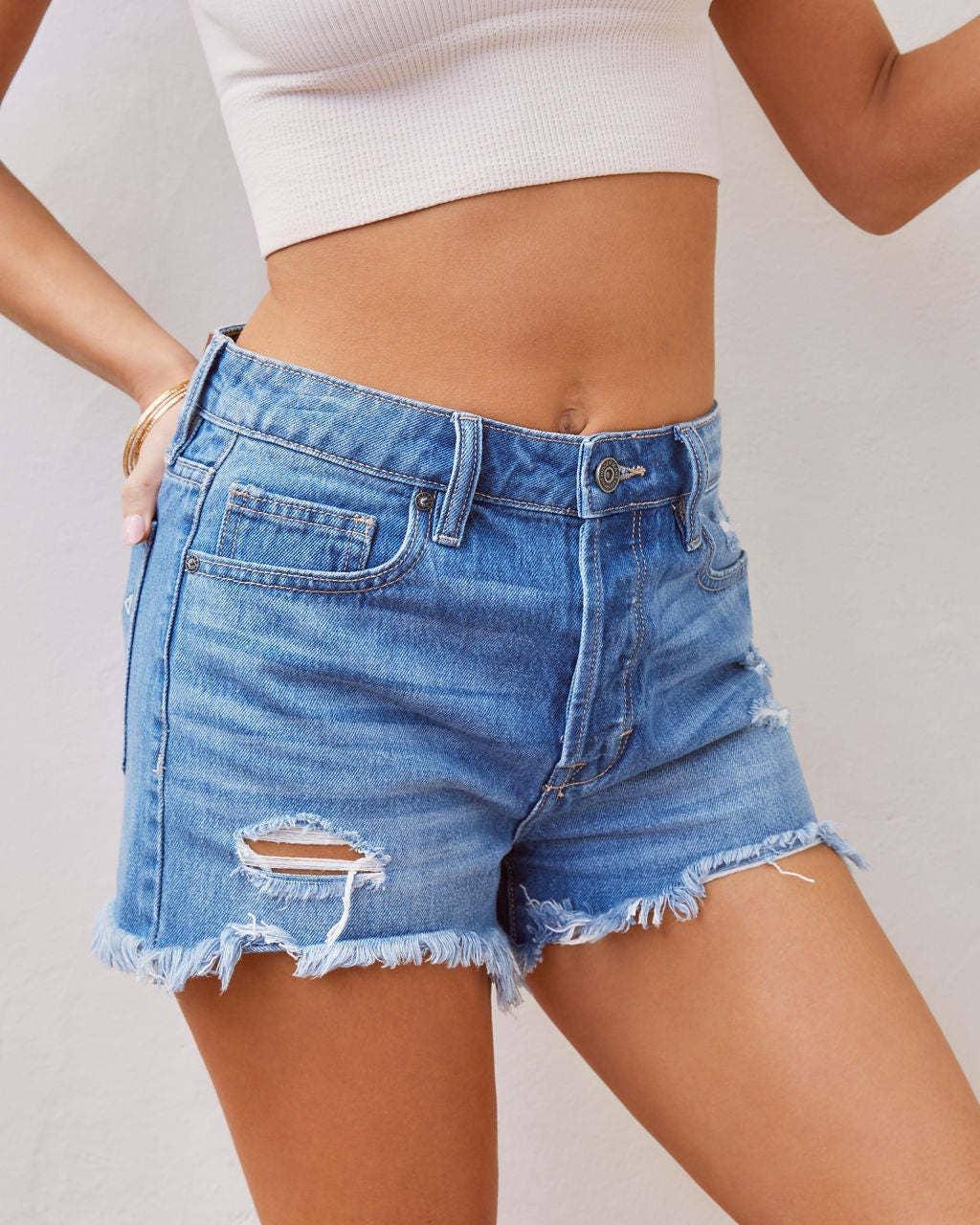 Ladies Distressed High Waist Denim Shorts SKS265 - SWEETKAMA