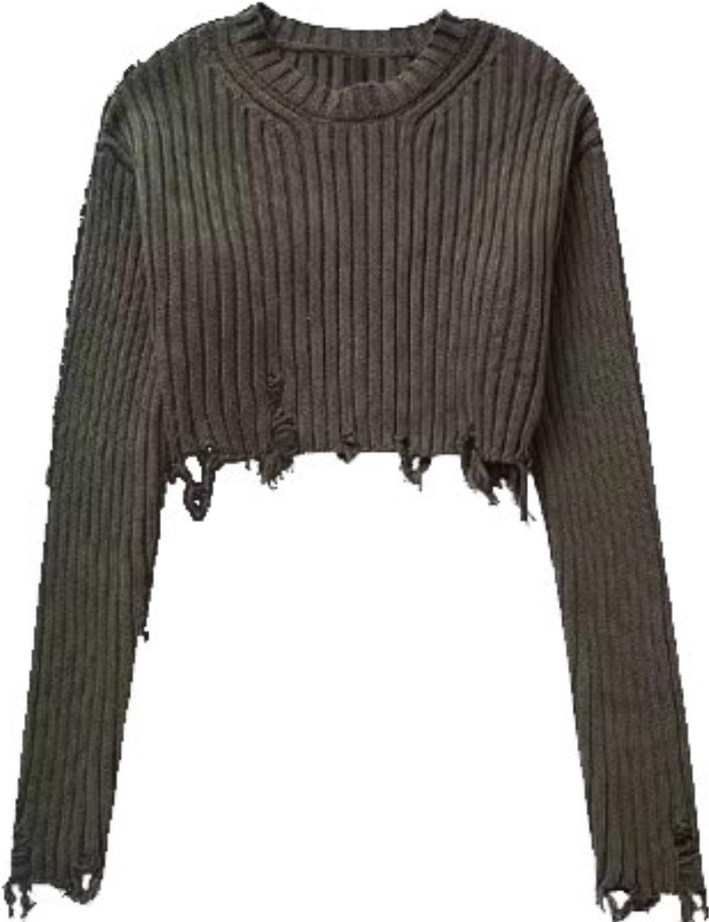 Ladies Distressed Short Round Neck Knit Sweater SKT2424 - SWEETKAMA