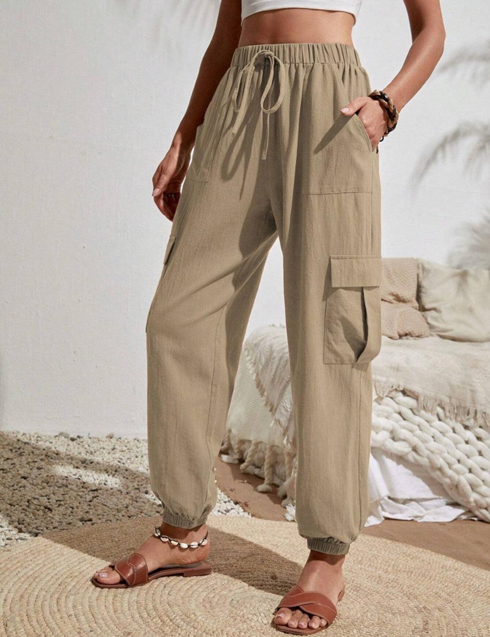 Ladies Elastic Waist Solid Color Cargo Pants AXR281 - SWEETKAMA